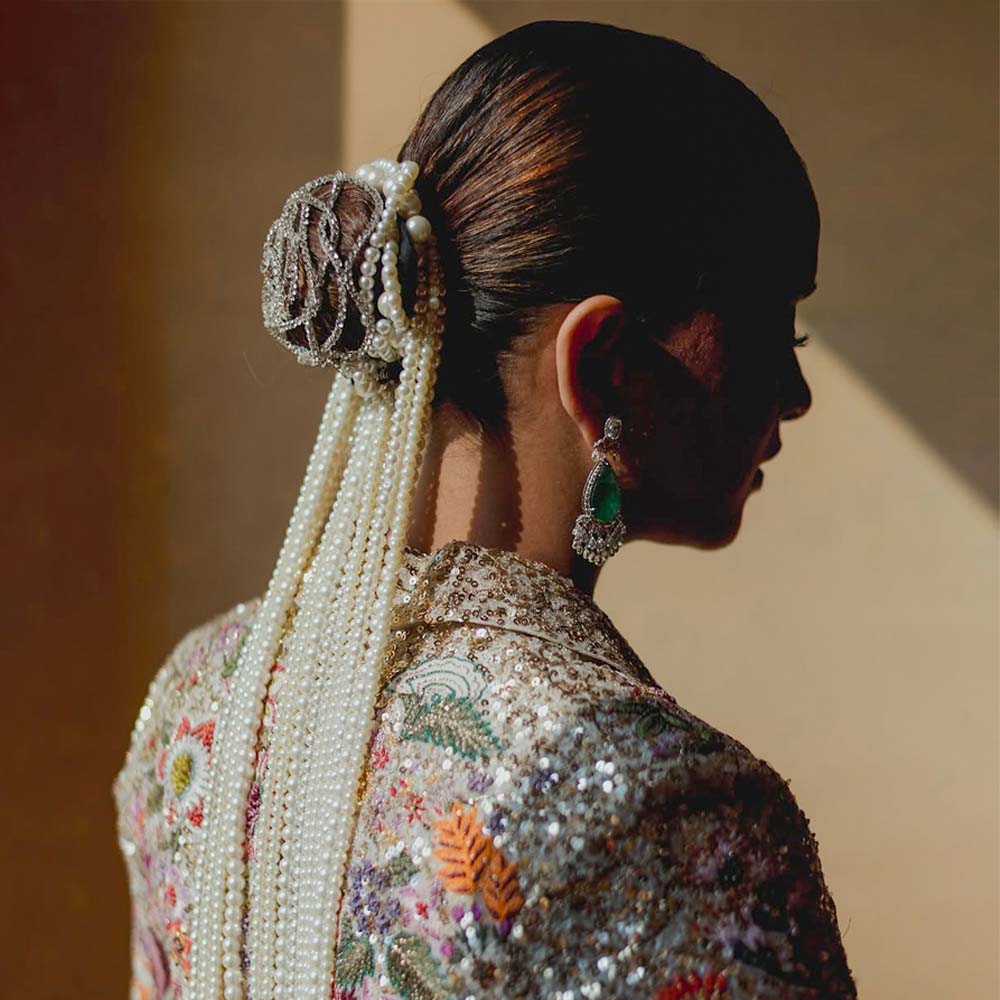 Rose Crystal & Pearl Hair Bun Accessory with Pearl Hangings