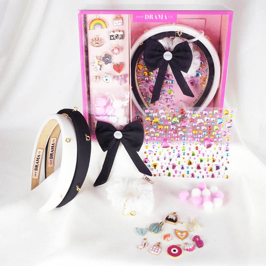 DIY Hair Drama Box with 2 Hair Bands, 1 Scrunchie, 1 Hair Bow, 11 Exclusive Charms, 200+ Crystals & 10 Pom Poms - Black & White