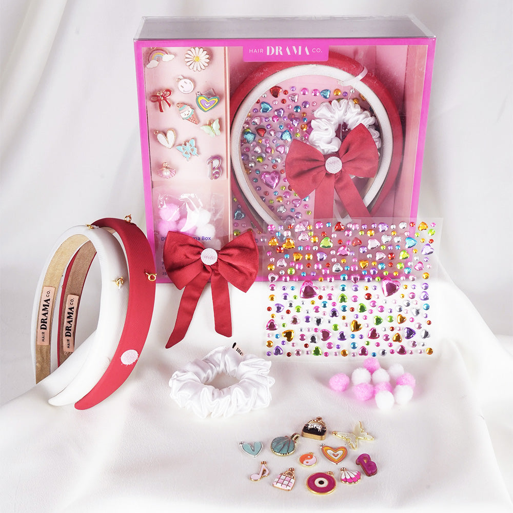 DIY Hair Drama Box with 2 Hair Bands, 1 Scrunchie, 1 Hair Bow, 11 Exclusive Charms, 200+ Crystals & 10 Pom Poms - Red & White