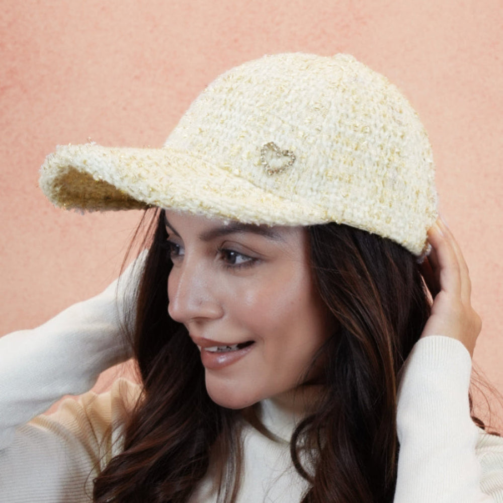 Tweed Baseball Cap with Heart Charm - White & Gold