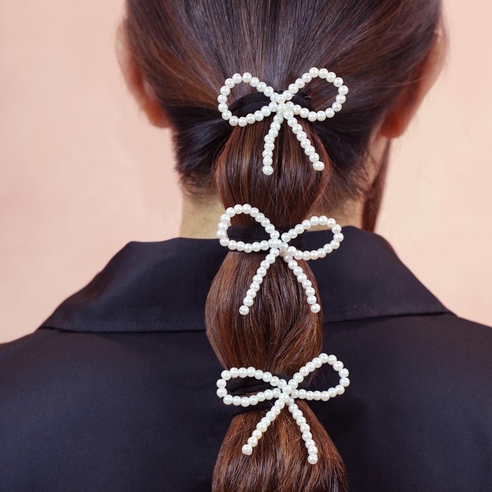 Set of 2 Pearl Bow Hair Tie - Off-White