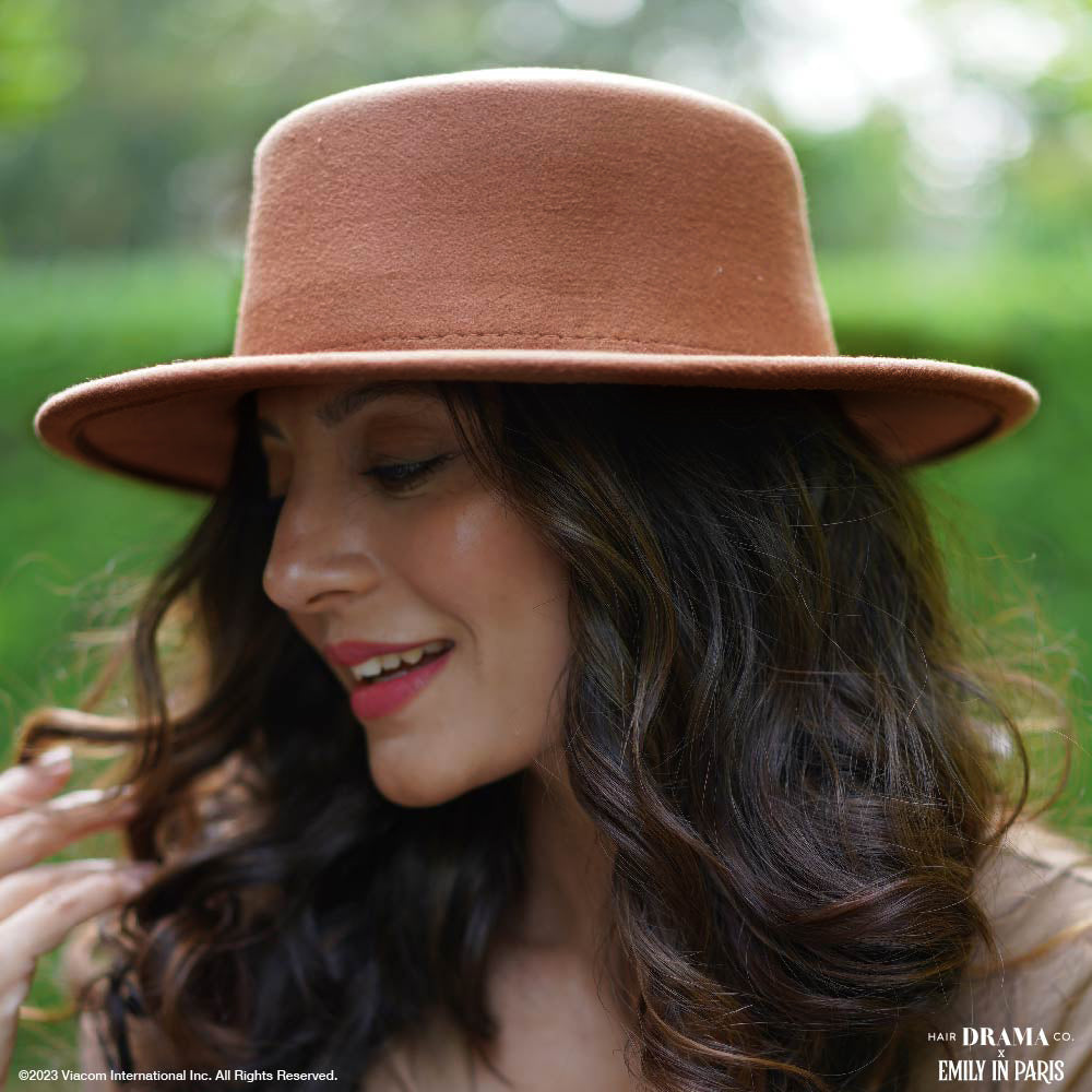 HDC x Emily In Paris Tan Woolen Flat Top Fedora Hat with removable Ribbon Belt