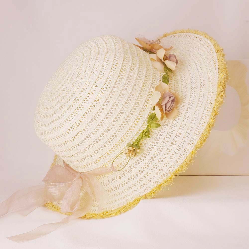 Off-White Woven Straw Flat Brim Hat with Removable Bow Ribbon