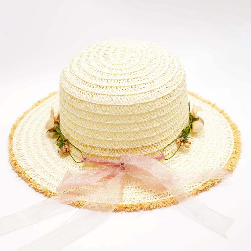 Off-White Woven Straw Flat Brim Hat with Removable Bow Ribbon