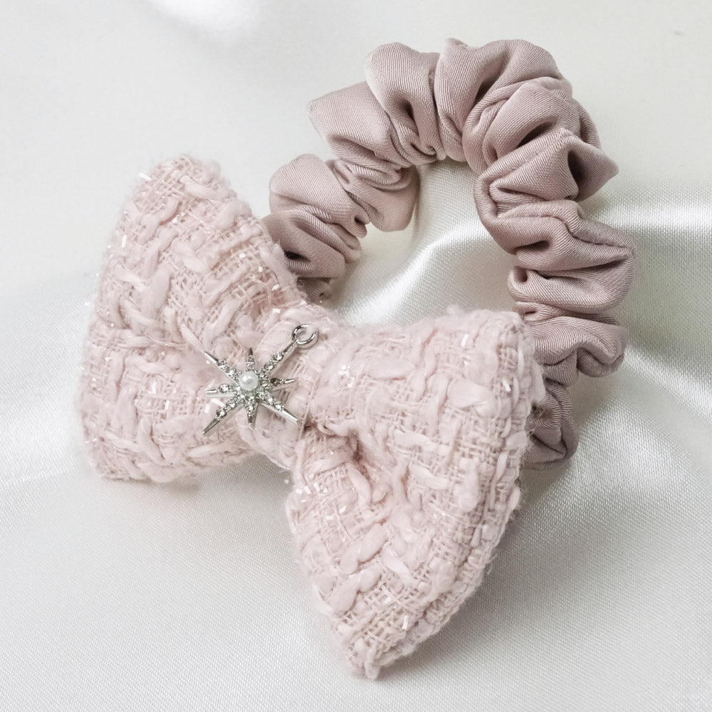 Bow Ponytail Holder with Charm - Dusty Rose