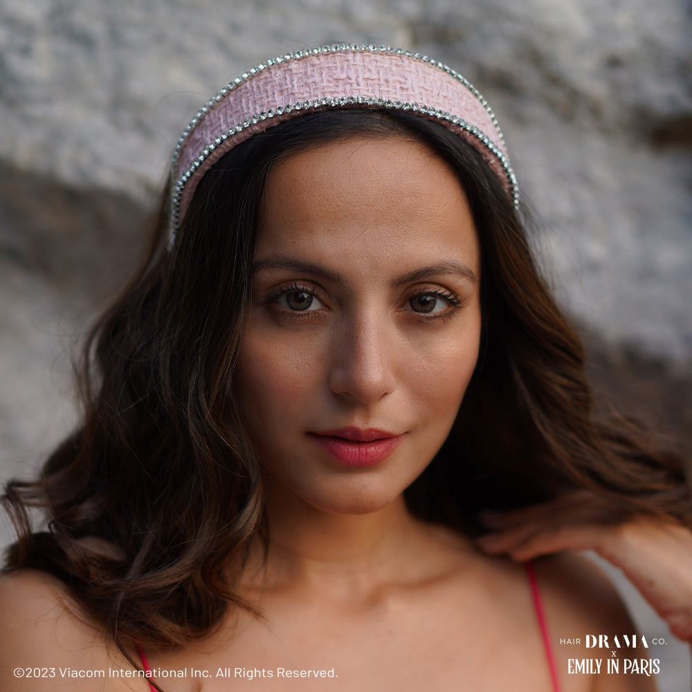HDC x Emily in Paris Light Pink Tweed Crystal Flat Hair Band