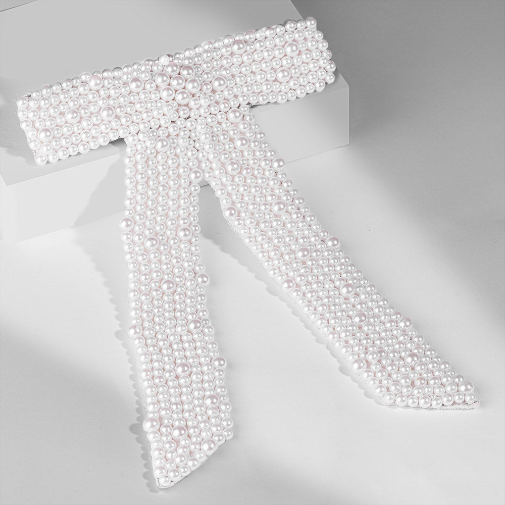 Embellished Pearl Hair Bow Barrette Clip - White