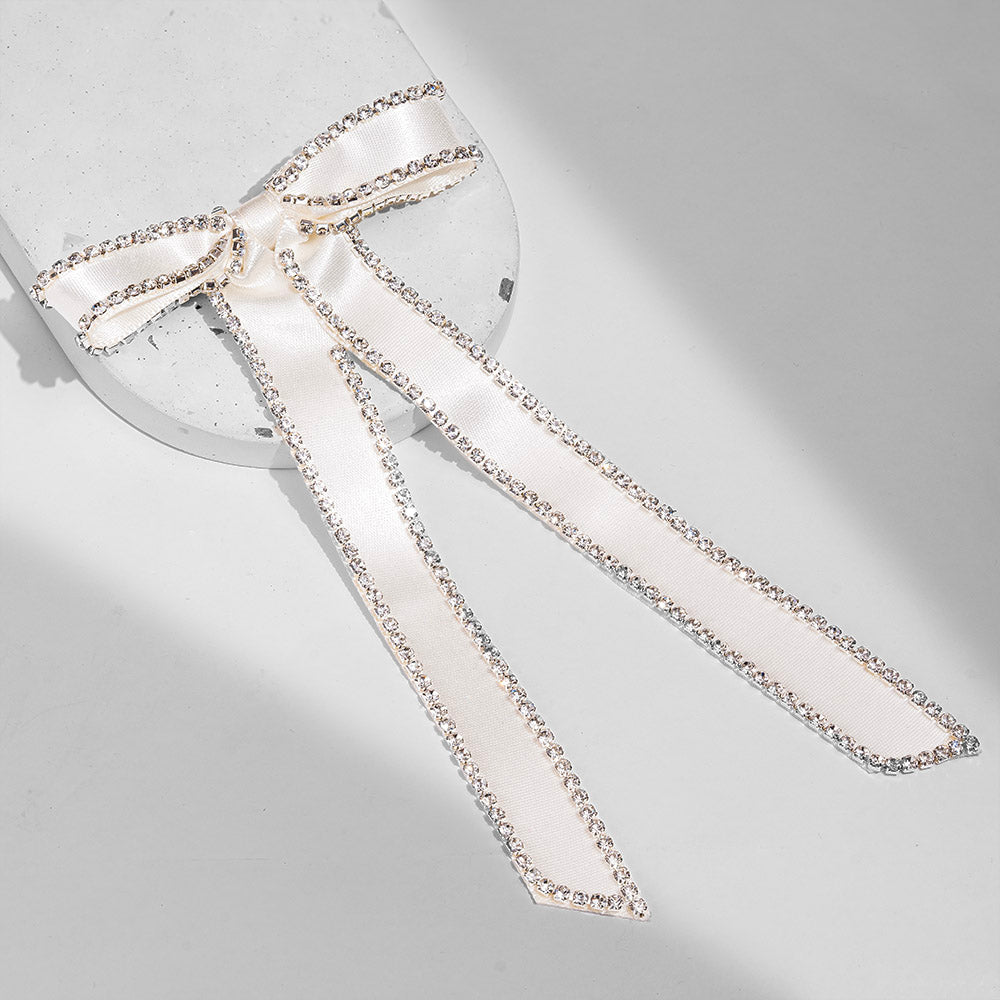 Satin Ribbon Crystal Hair Bow - Off-White